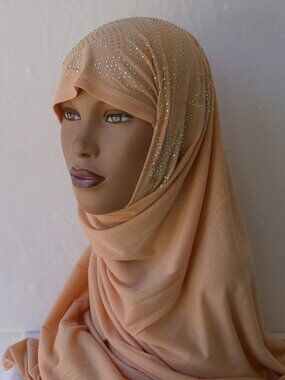 Women's Desert Sand Beige Rhinestone Fashion Jersey Scarf 28x70 Headwrap  Hijab